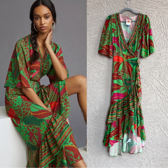 ANTHROPOLOGIE FARM RIO Green Red Tropical Floral Flutter Sleeve Maxi Wrap Dress - Picture 1 of 13